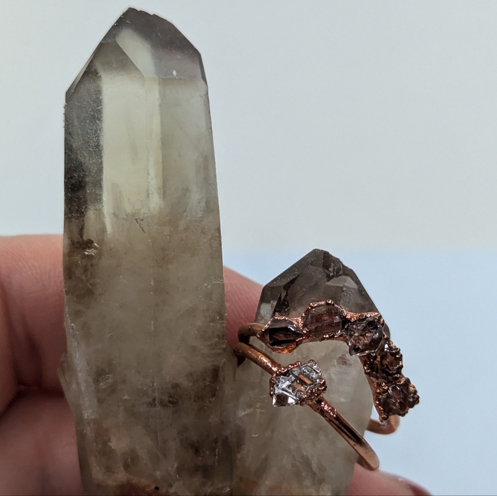 Herkimer Diamond Quartz Copper Ring Set Size 7 Raw Crystal Boho Stacking Rings